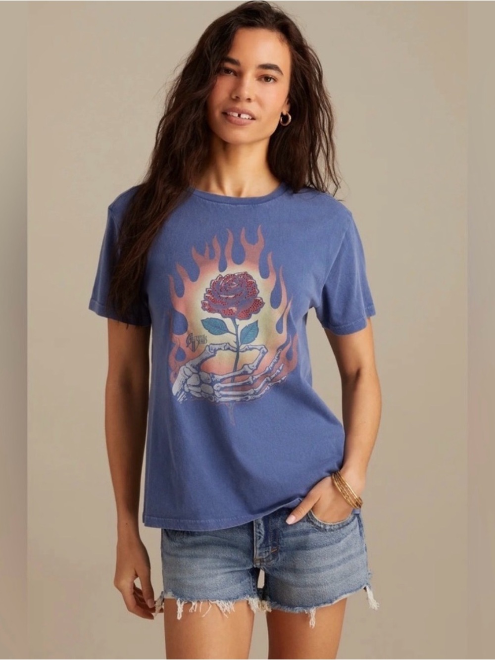 NWT Lucky Brand Grateful Dead Rose Rhinestone Boyfriend Tee XS boho concert